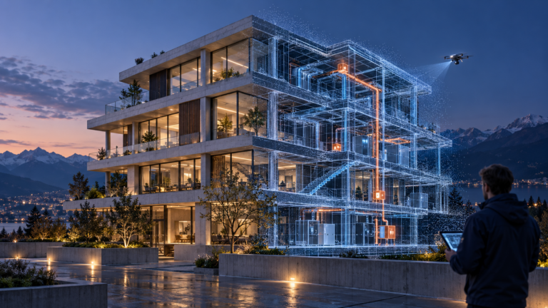 Bâtiment et son jumeau numérique lumineux