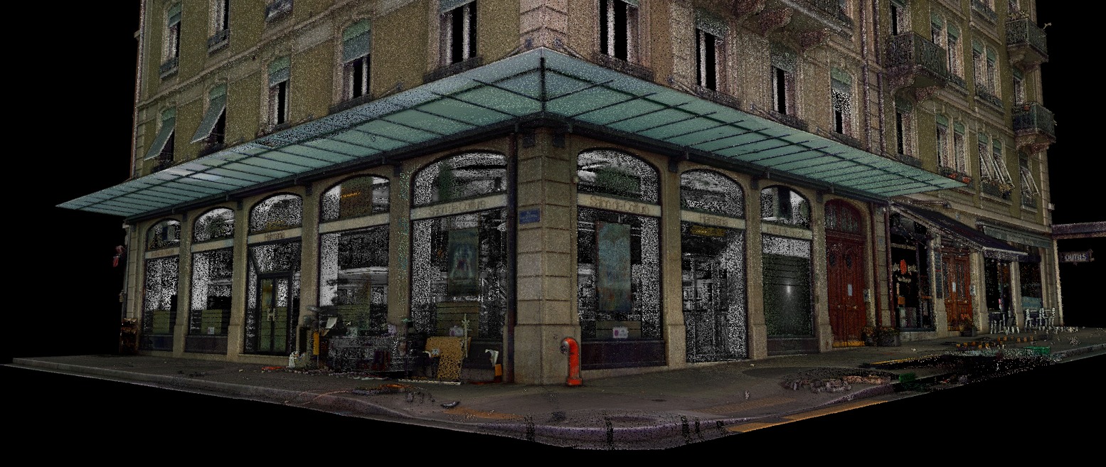 Vue oblique du relevé 3D d'une façade à Genève montrant la casquette des commerces et les zones masquées