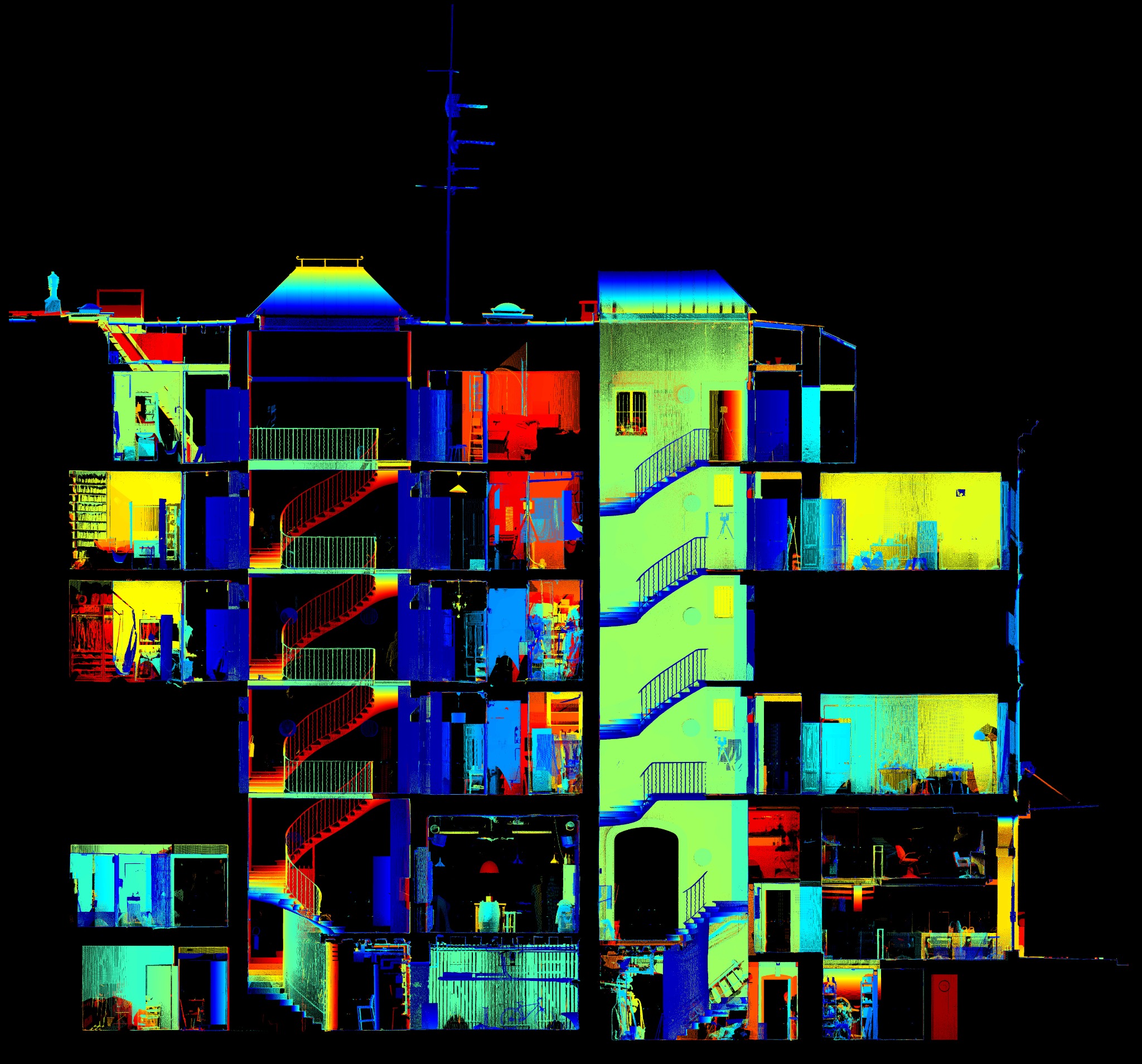 Coupe colorisée d’un nuage de points d’immeuble montrant plusieurs niveaux intérieurs et leurs escaliers
