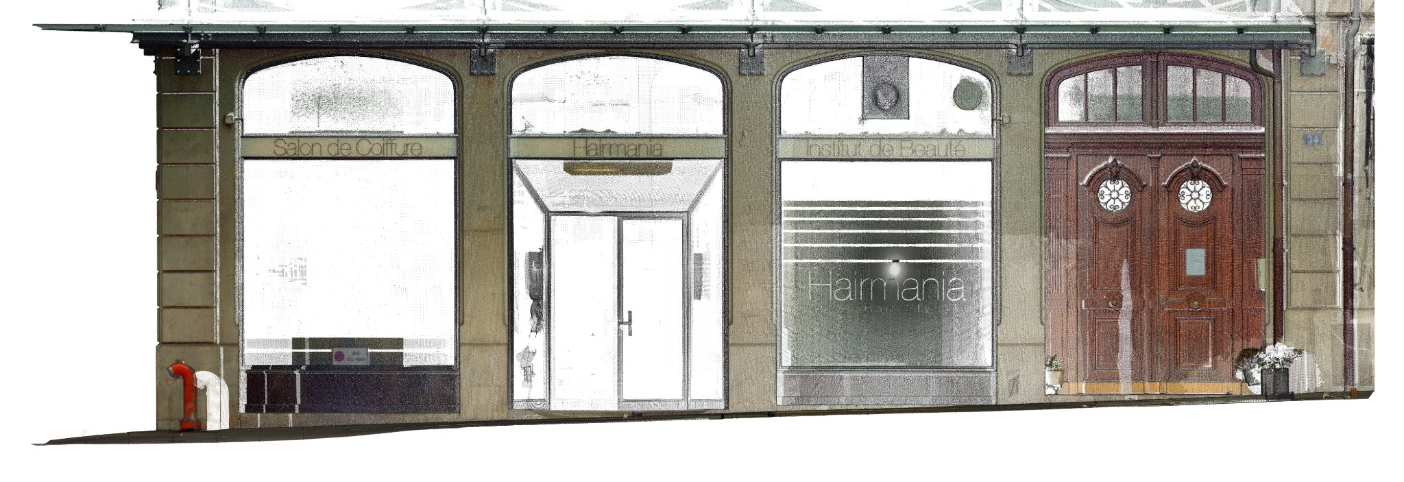 Détail du relevé 3D de la façade commerçante à Genève, montrant la casquette, les vitrines et l’entrée